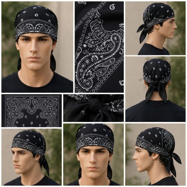 Cotton Bandana Featuring A Classic White Paisley And Floral Pattern - Apparel Accessory For Fashion Styling And Daily Wardrobe Routine - Black