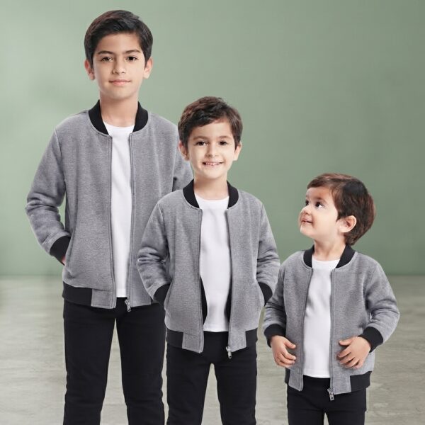 Kids Grey Bomber Zipper Jacket Casual Outerwear Long Sleeve Full Zip Up Daily Wear Winter Fashion